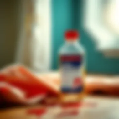 A bottle of chemical stain remover next to stained fabric, emphasizing cleaning solutions.