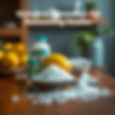 Natural remedy ingredients like salt, lemon, and baking soda displayed on a wooden table.