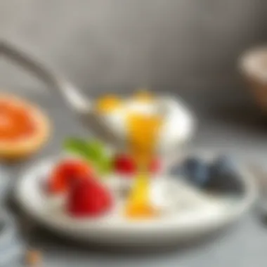 Deliciously Garnished Yogurt A spoonful of yogurt garnished with fruits and honey