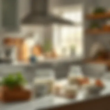 A serene kitchen countertop with tools and ingredients for yogurt-making, emphasizing a calm environment.